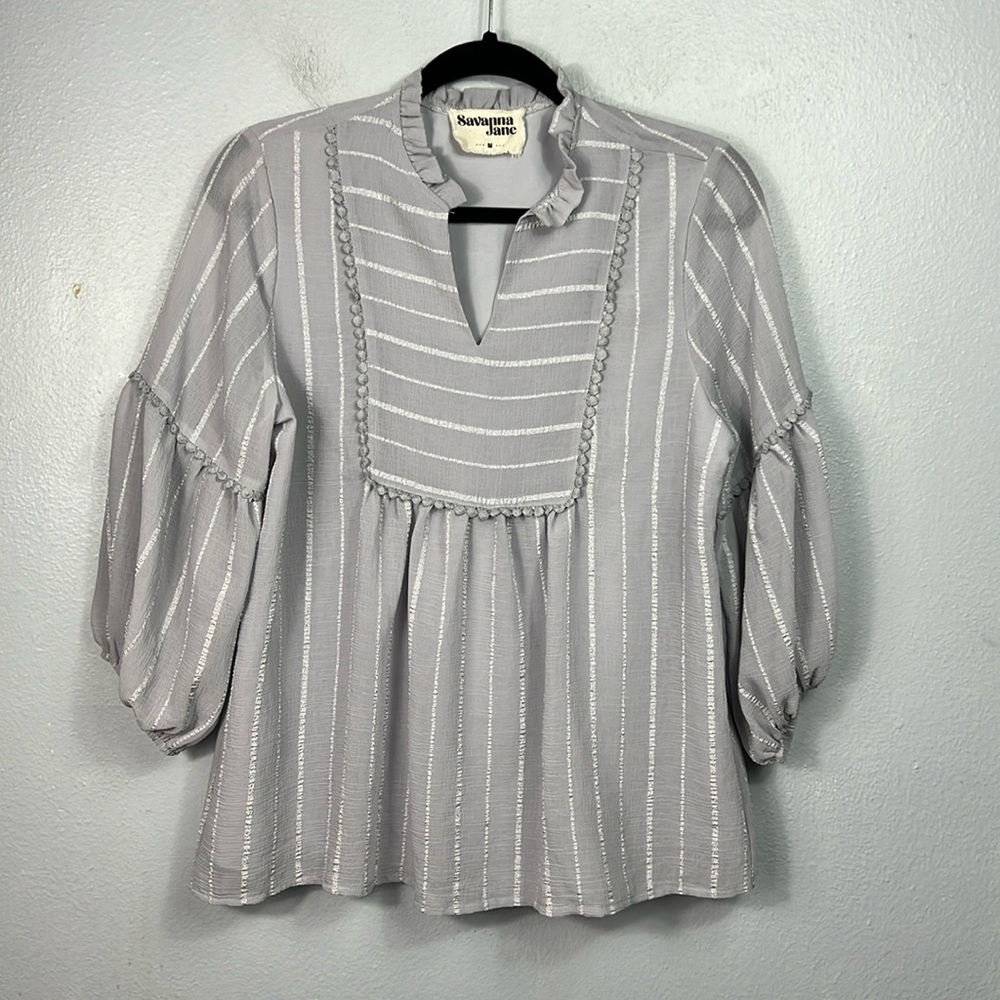 Savanna Jane Gray 3/4 Balloon Sleeve Tonal Stripe V-Neck Top Medium